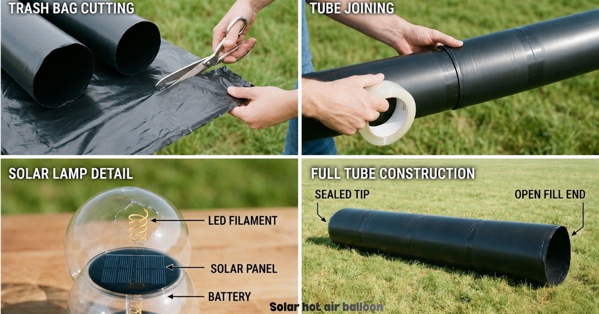 Step-by-step guide to making a solar hot air balloon using black plastic tubing and a solar-powered light.
