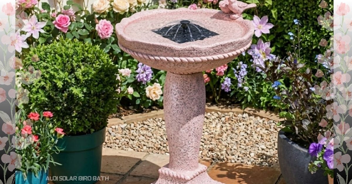 Decorative Aldi solar bird bath standing on a pedestal in a sunny backyard garden