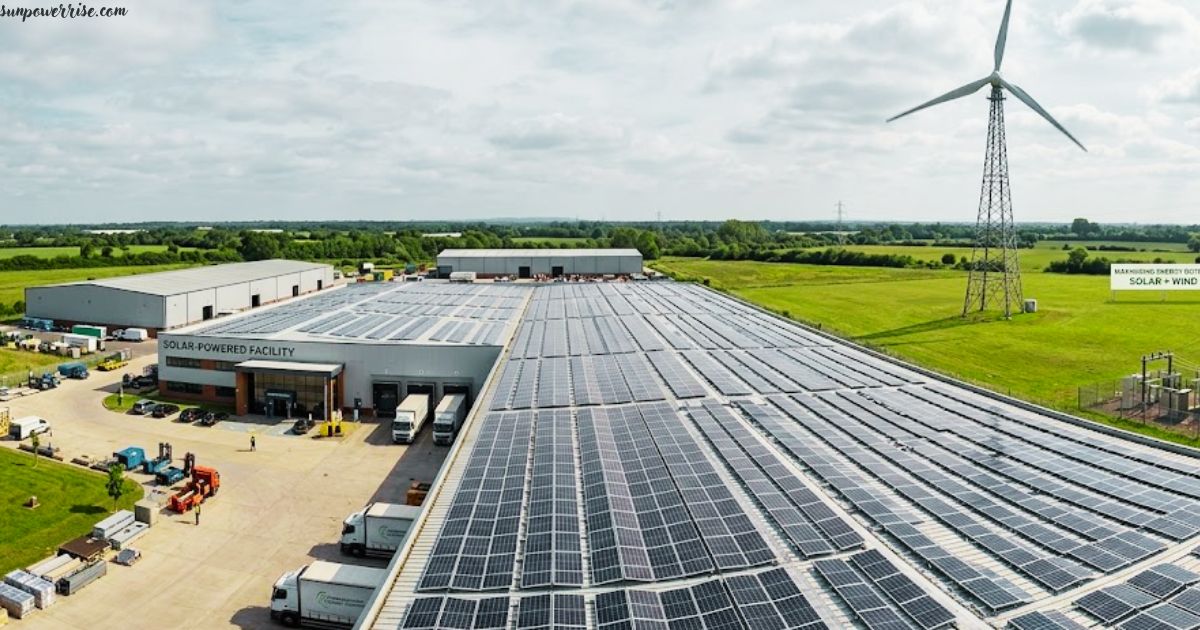 Commercial solar panels installed on a large warehouse roof with wind turbine and green fields in the background.