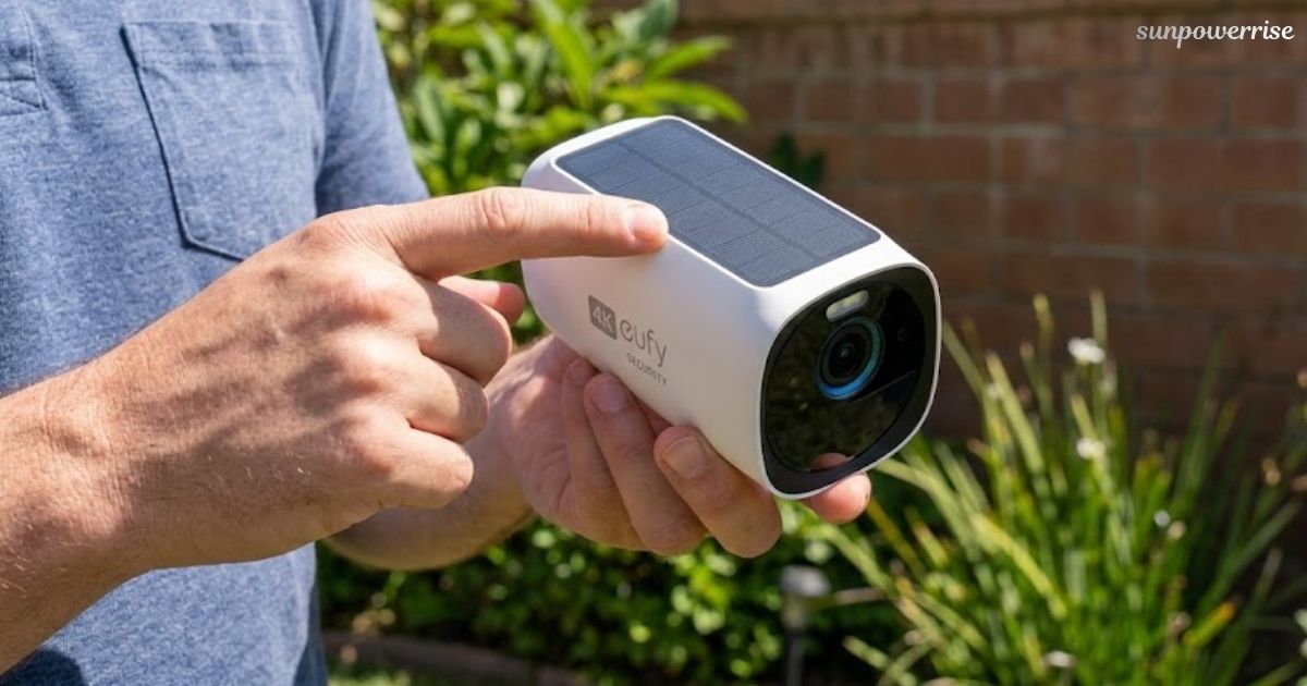 Close-up of a eufy solar camera for wireless outdoor surveillance
