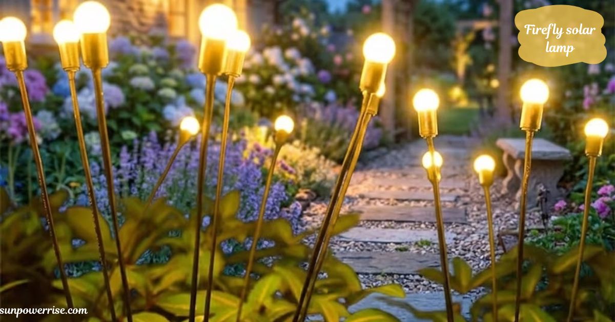 Solar firefly lamp with glowing LED lights placed in a garden setting.