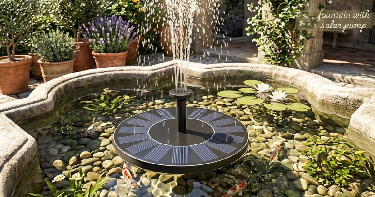 Garden fountain with solar pump creating a continuous flowing water feature
