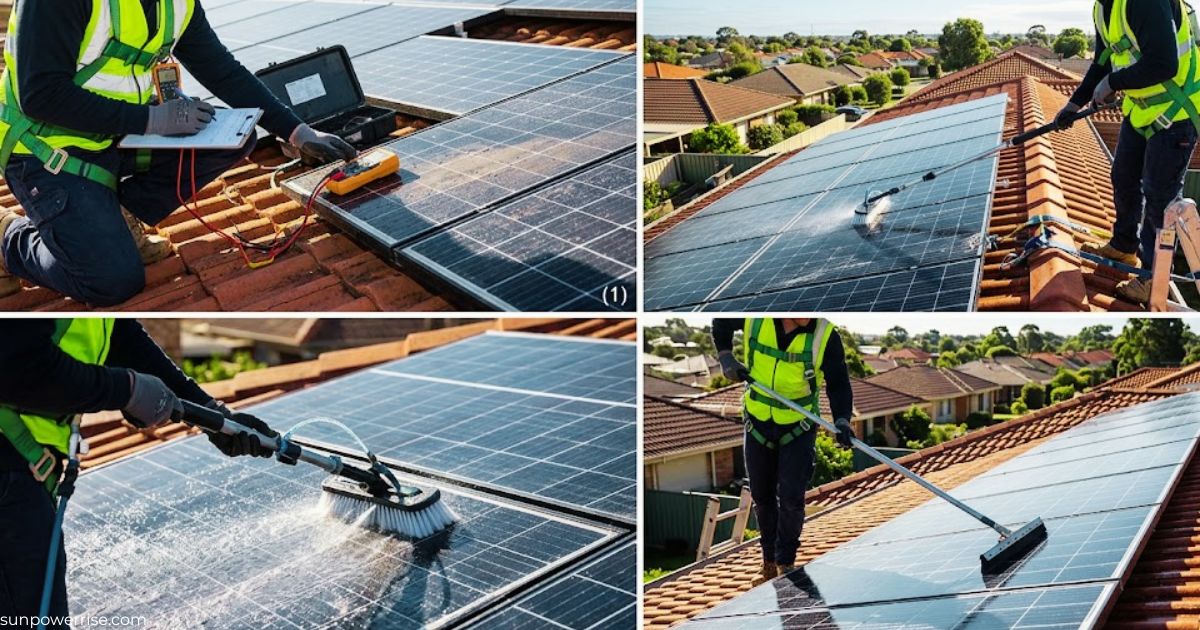 Step-by-step guide on how to clean solar panels, showing inspection, rinsing, brushing, and maintenance of rooftop solar panels