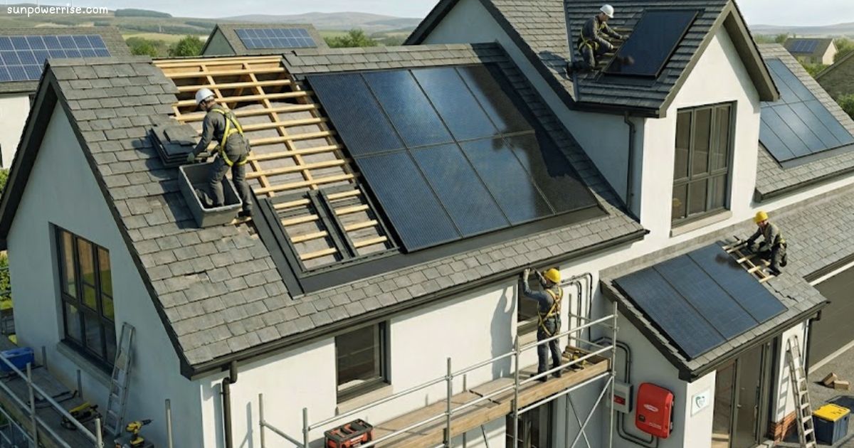 In roof solar panels installation on a modern residential roof