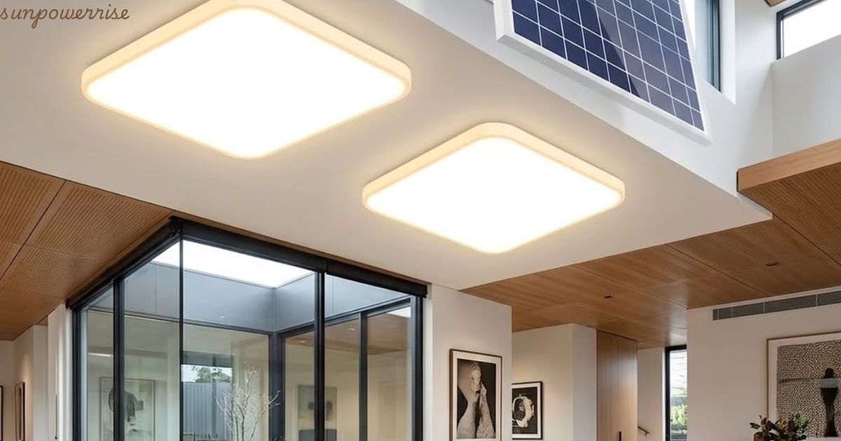 Indoor light solar LED lamp mounted in a living room providing bright, energy-efficient illumination.