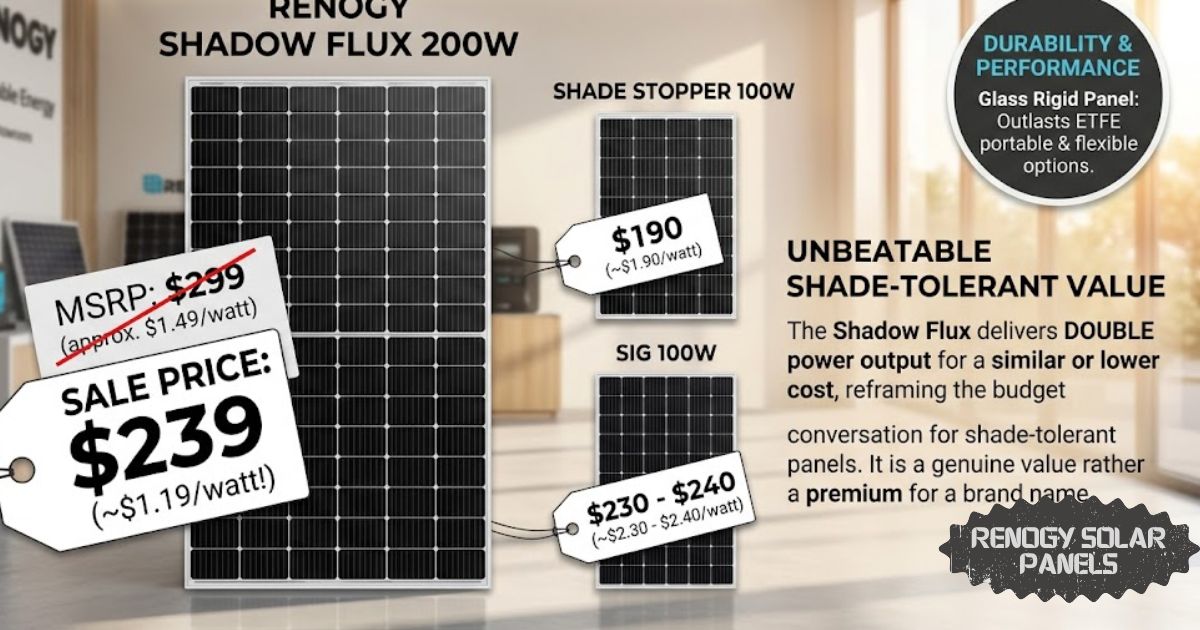 Renogy solar panels product comparison showcasing Shadow Flux 200W and other high-performance solar panel options.