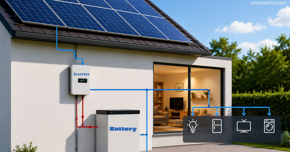 Housing solar setup with rooftop solar panels, inverter, and battery storage system supplying electricity to household appliances and improving energy efficiency.