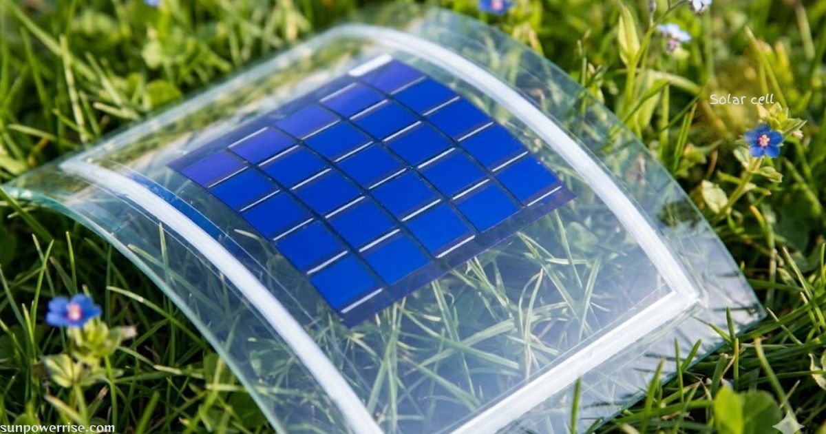 Close-up of a compact, portable solar panel with square blue solar cells sitting in a grassy lawn.