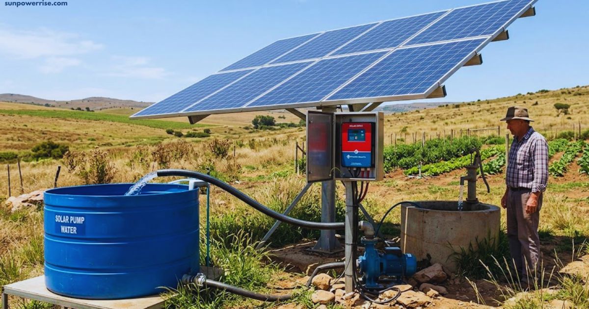 Farmer using a solar energy pump to supply water from a well to a storage tank