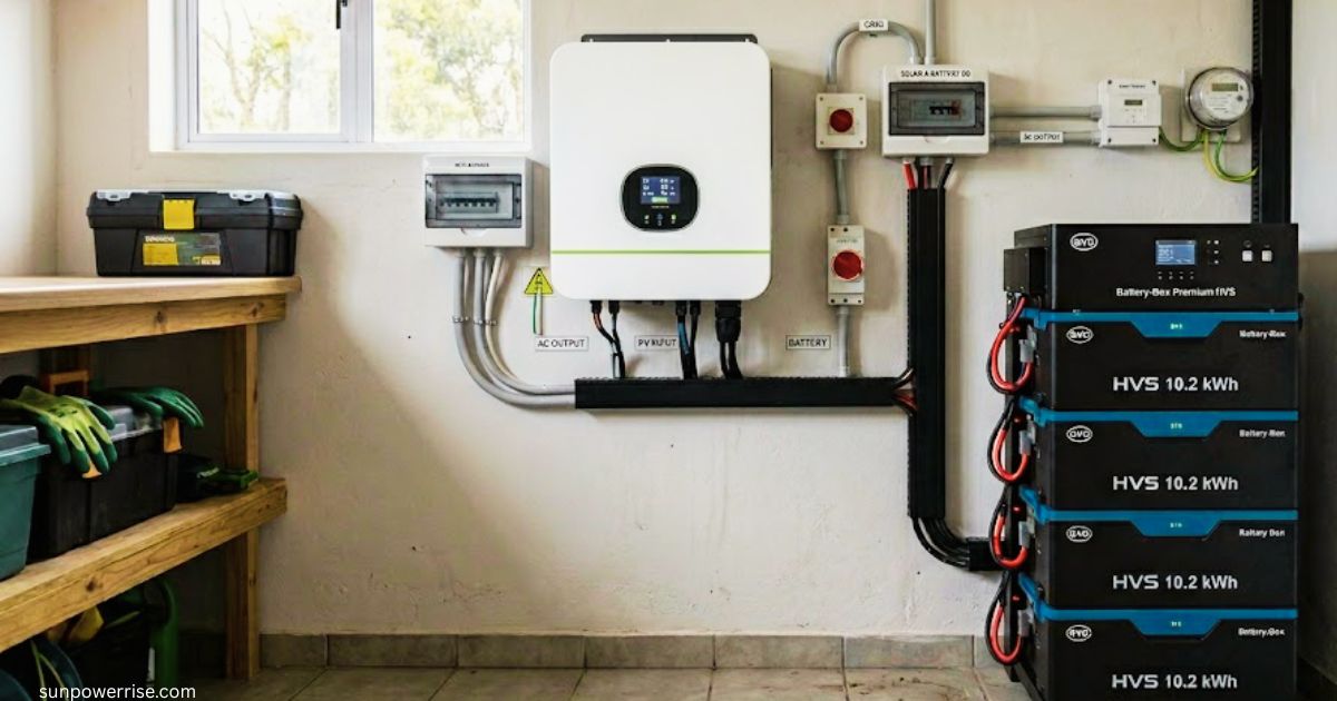 Solar inverter system with battery packs and electrical wiring inside utility room