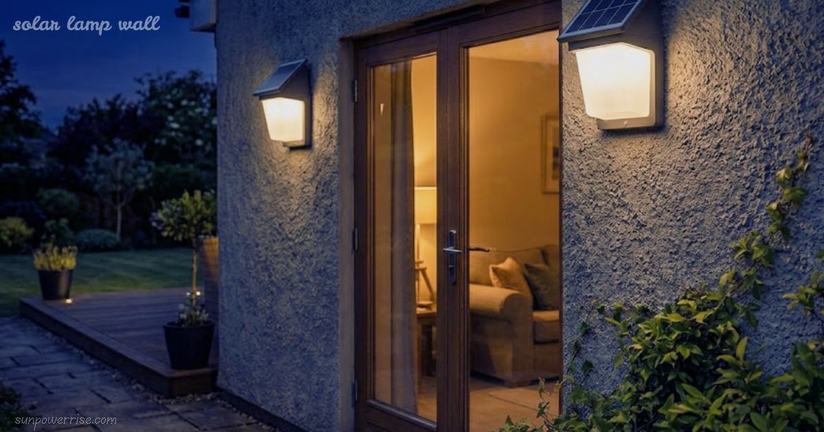 Solar lamp wall mounted outdoor light illuminating a garden fence at night