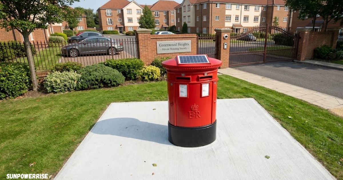 Red solar powered postboxes standing along a residential street
