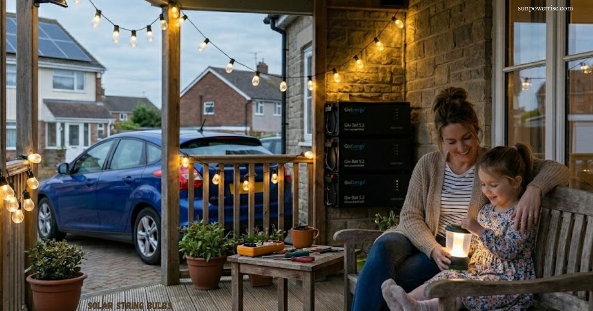 Warm solar string bulbs hanging around a residential porch with outdoor seating.