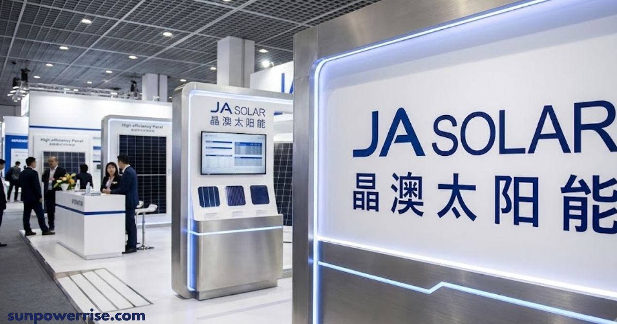 JA solar exhibition booth showcasing high-efficiency solar panels and photovoltaic technology at an international renewable energy trade show.