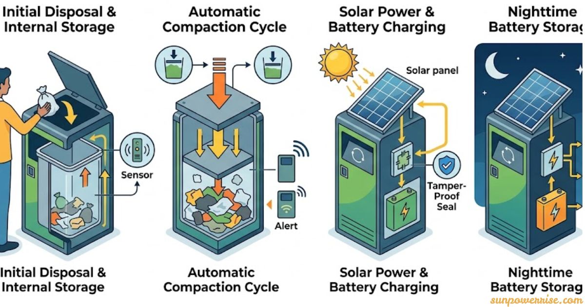 What do solar bins do” infographic showing solar-powered bins with automatic waste compaction, internal storage, battery charging, and nighttime operation.