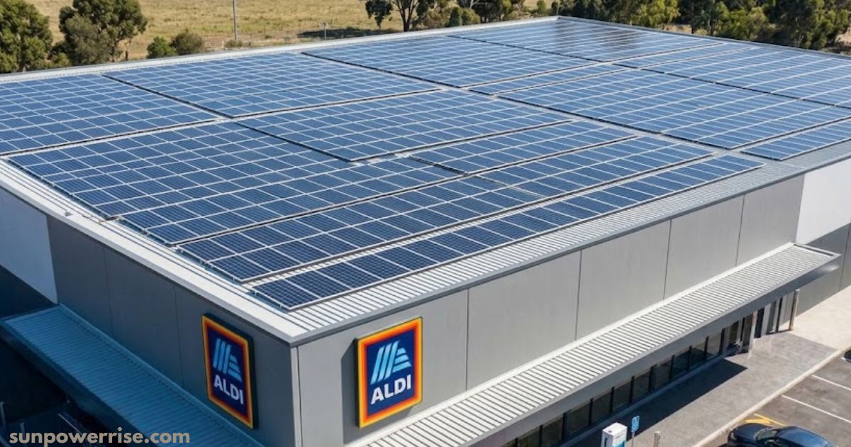 Aldi solar panels installed across a large supermarket rooftop for renewable energy generation.