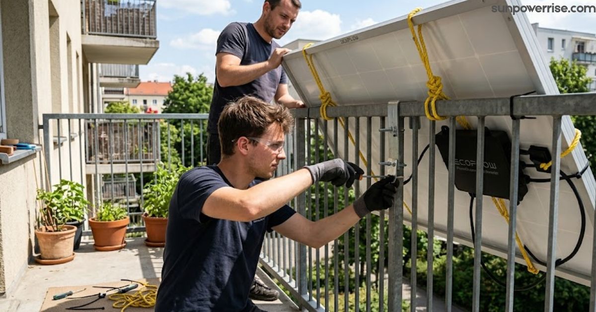 Workers fitting balcony solar panels to a balcony railing for efficient residential solar power generation.