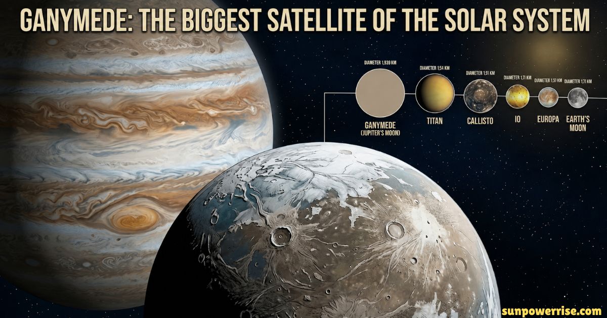 Ganymede, the biggest satellite of solar system, shown larger than many planets with Jupiter in the background.