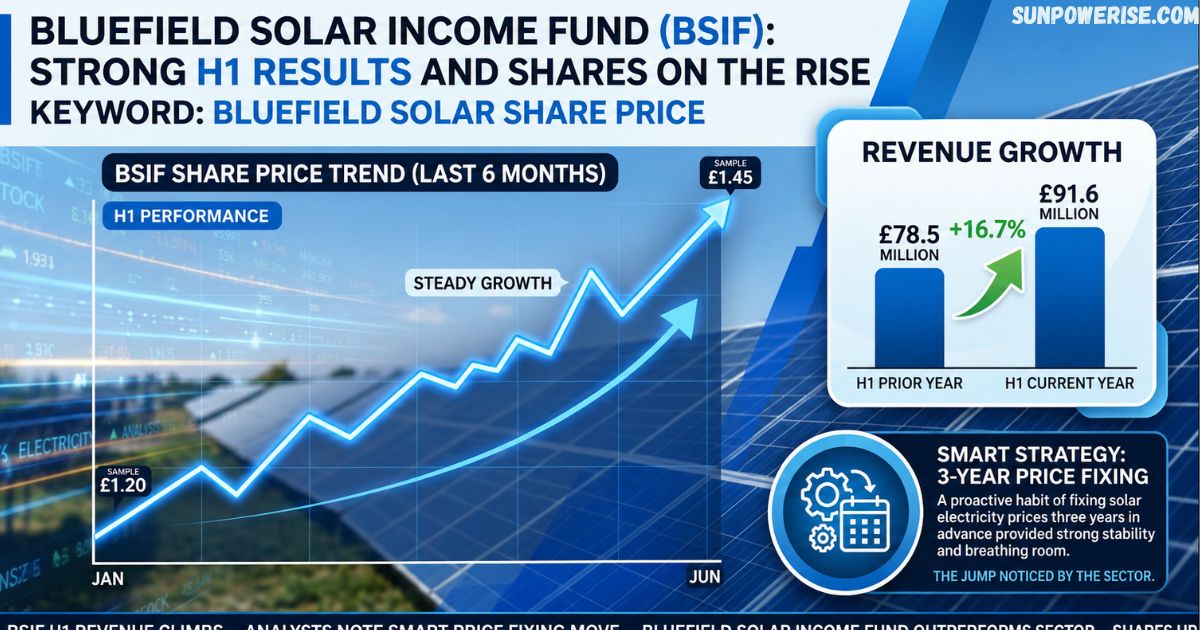 Bluefield solar share price infographic highlighting BSIF share performance, revenue growth, and positive market outlook.