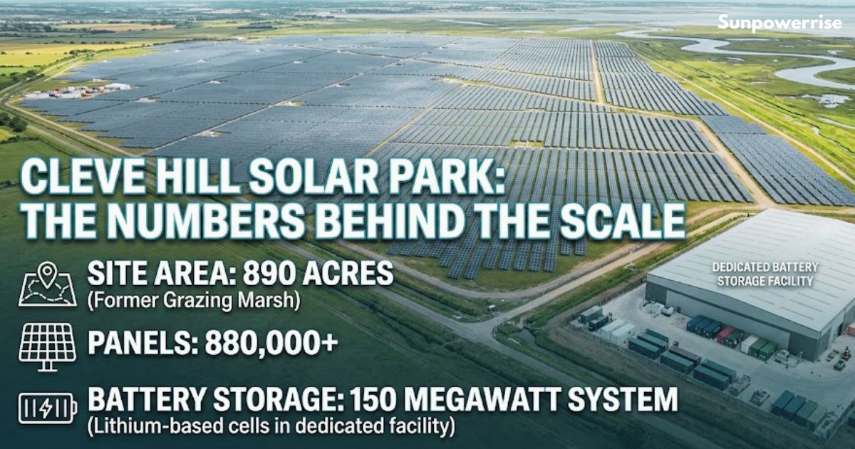 Cleve Hill Solar Park with rows of solar panels under a clear blue sky.