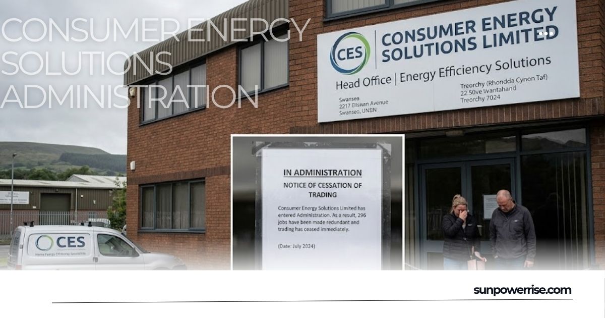 Building associated with Consumer Energy Solutions Administration displaying an administration notice outside an energy efficiency solutions office.
