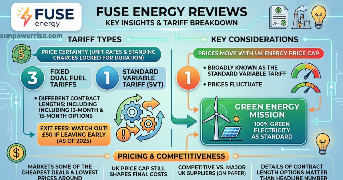 Fuse Energy reviews chart comparing fixed tariffs, standard variable tariffs, pricing, and 100% green electricity.