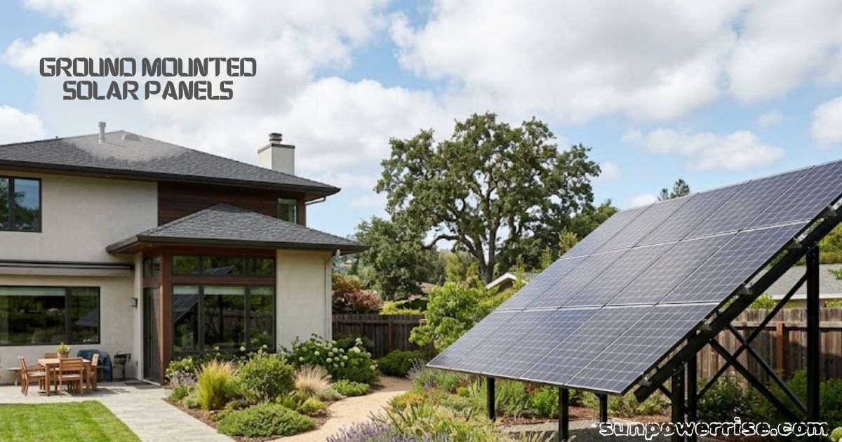 Ground mounted solar panels in a residential backyard, angled for maximum sunlight to improve home energy efficiency.