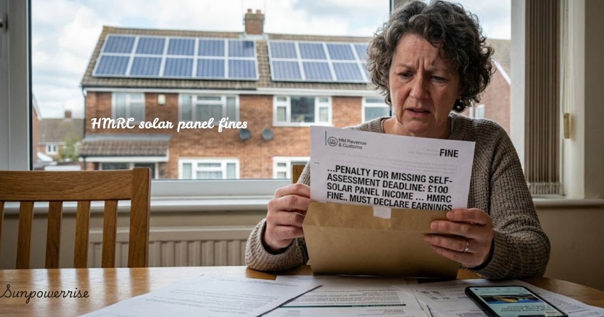 Homeowner reading a penalty notice about HMRC solar panel fines and self-assessment tax requirements.