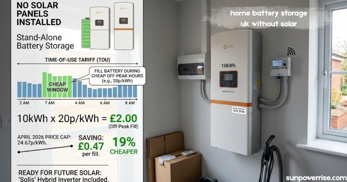 Home battery storage UK without solar showing a standalone 10kWh battery system with hybrid inverter and smart energy meter.