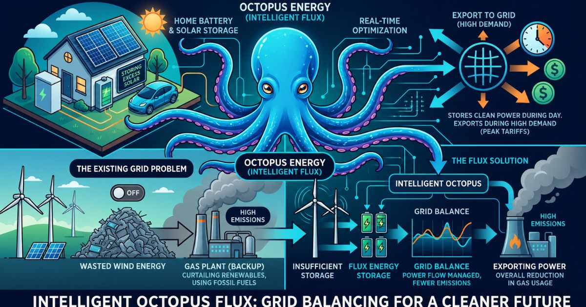 Intelligent octopus flux infographic explaining smart solar energy storage, electricity export, and cost-saving energy management.