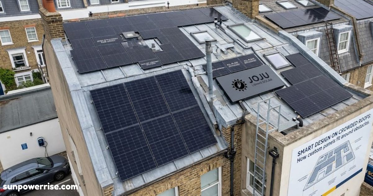 Joju Solar residential rooftop solar panel installation showcasing custom solar array design on a UK building for efficient renewable energy.