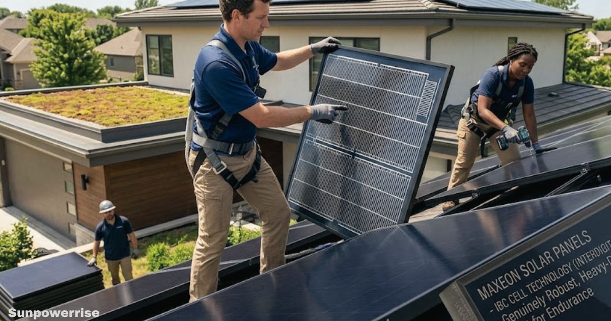 Technician inspecting Maxeon solar panels during a solar system installation.