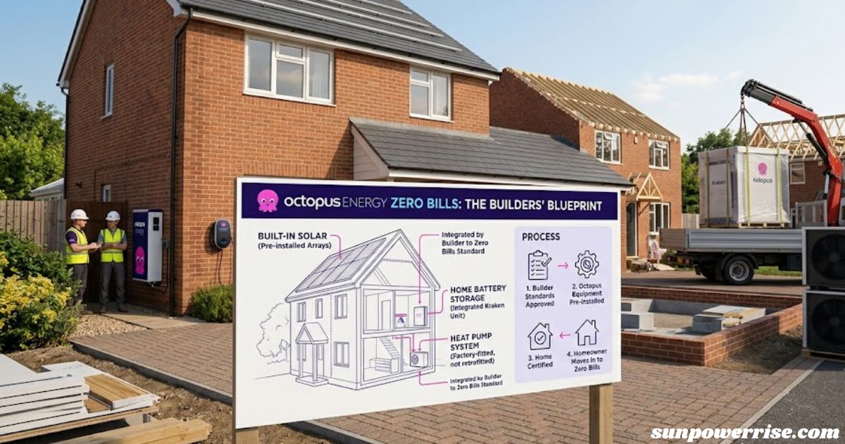 Construction site displaying the Octopus Energy Zero Bills blueprint with solar panels and battery storage.