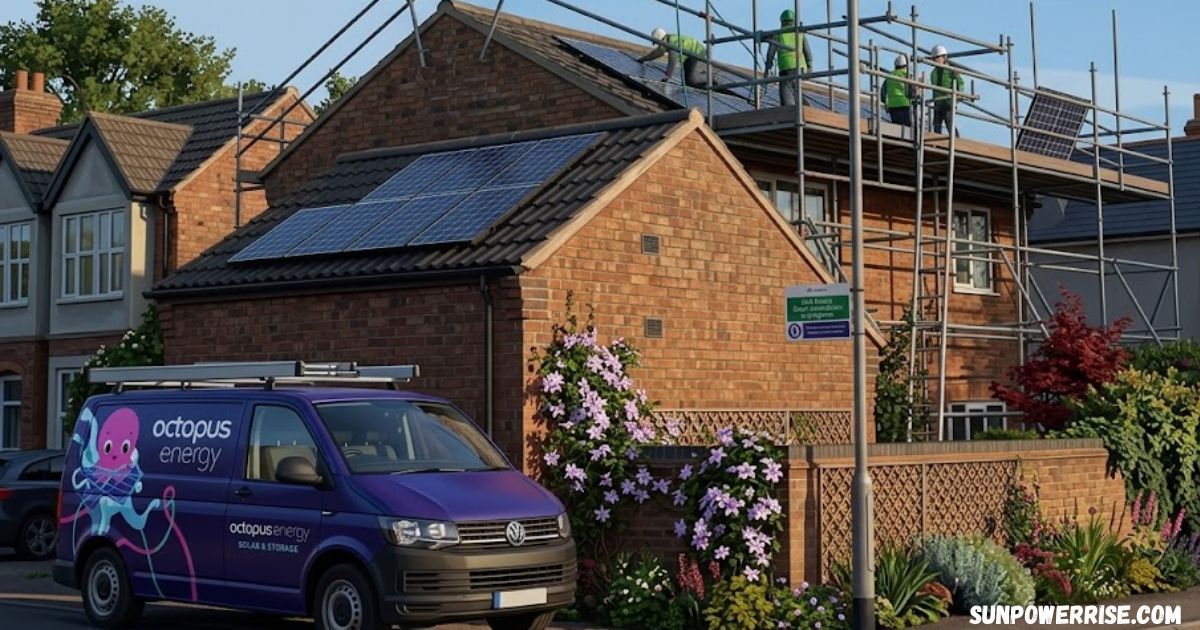 Octopus solar panels being installed on a house roof with scaffolding and an Octopus Energy service van.
