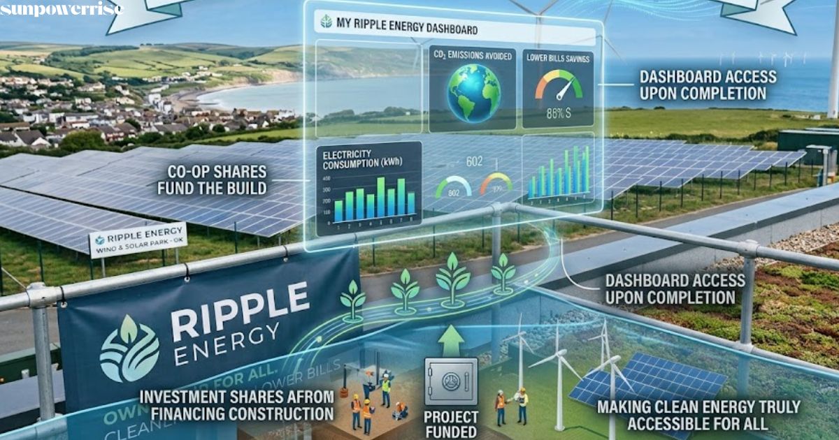 Ripple Energy solar and wind project infographic explaining community-funded renewable energy and member energy monitoring dashboard.