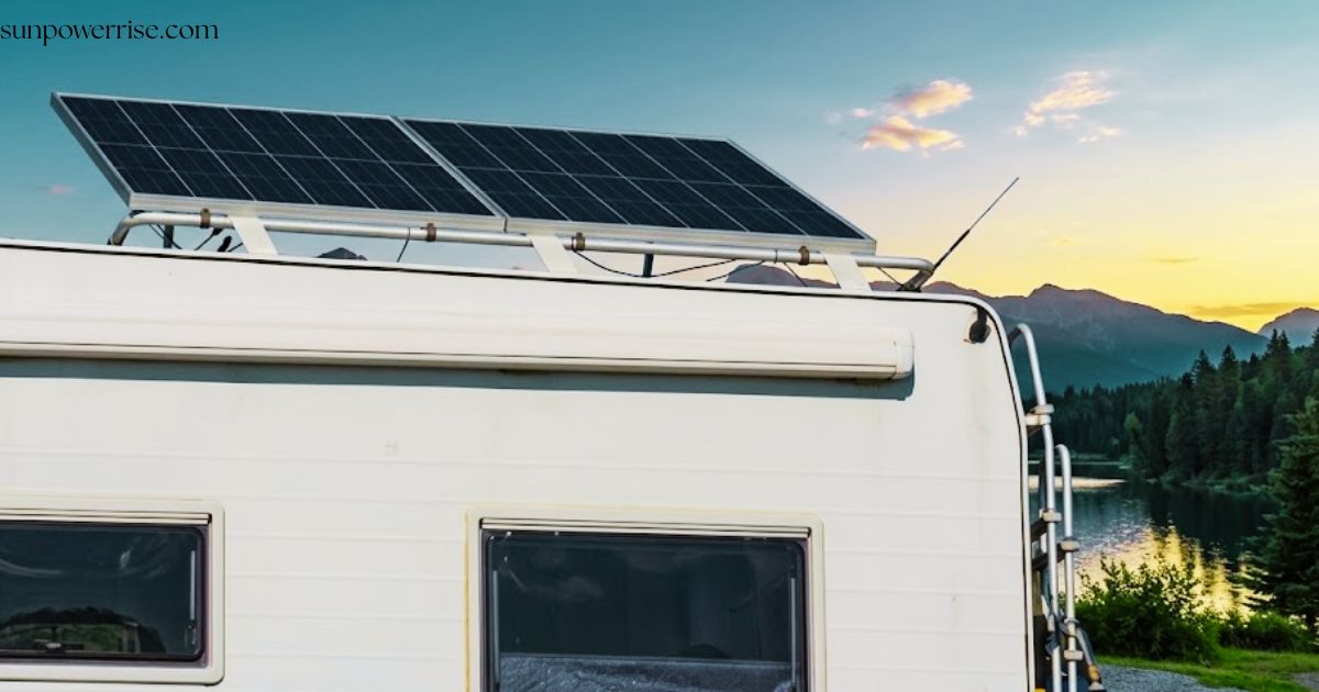 Close-up of RV solar panels mounted on the roof of a camper van near a lakeside, generating clean energy for off-grid camping.