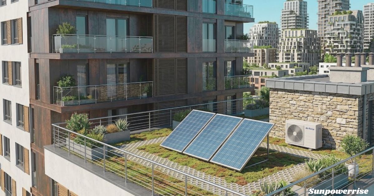 Residential solar air conditioner connected to rooftop solar panels for efficient, eco-friendly home cooling and renewable energy savings.