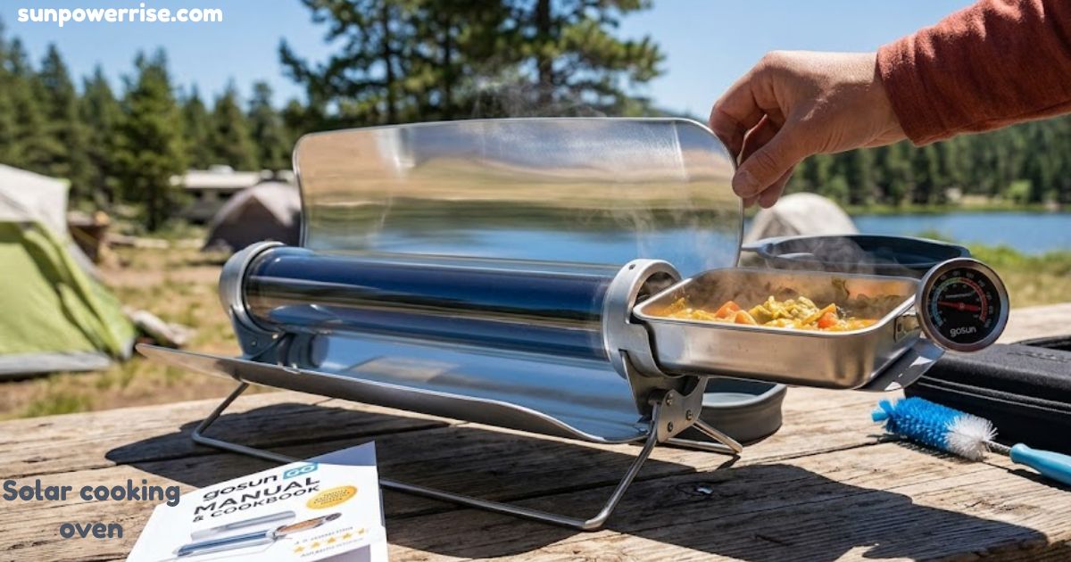 Solar cooking oven with a vacuum tube design cooking food outdoors at a campsite using clean renewable solar energy.