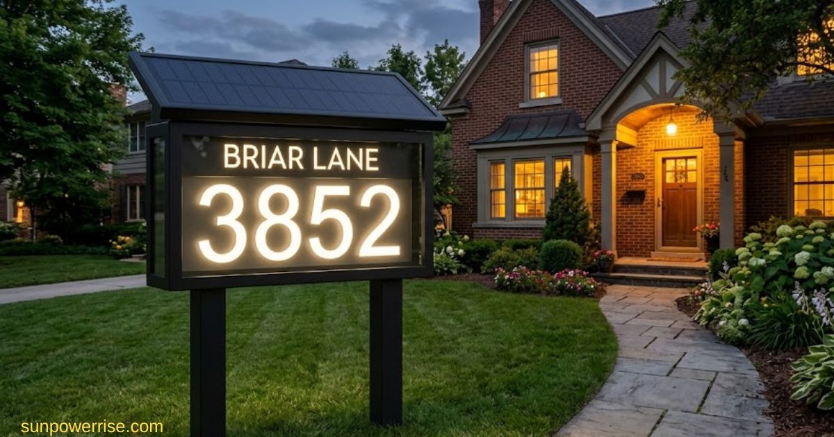 Solar house number signs with bright LED address display installed in a front yard.