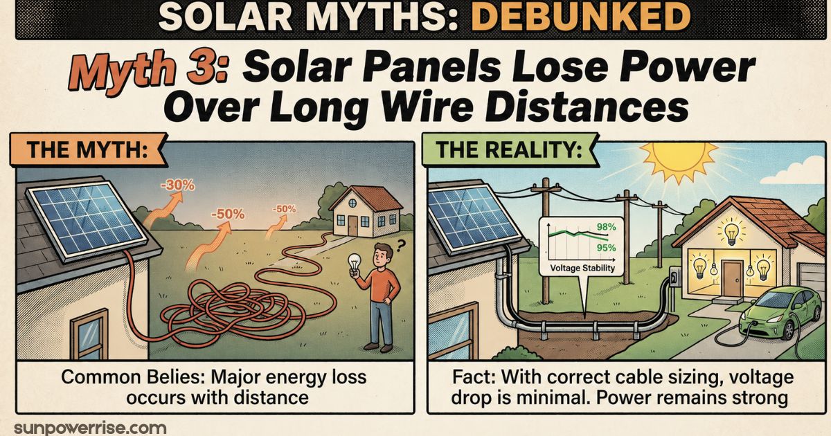 Solar myth debunked graphic comparing the myth of power loss over long wires with the reality of stable solar performance.