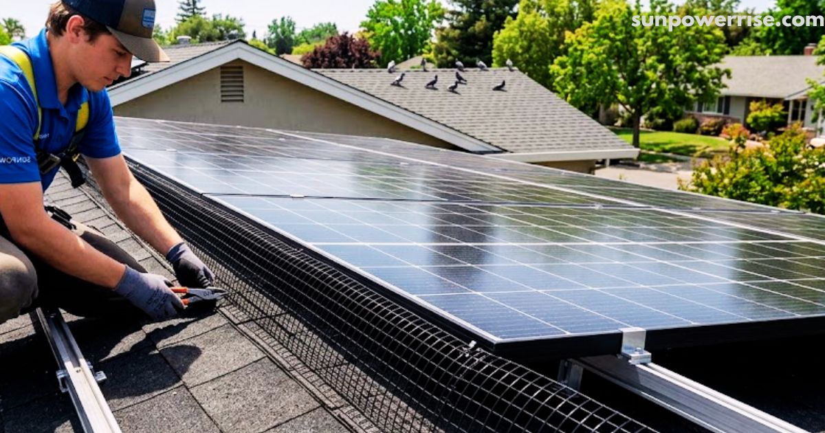 Technician installing solar panel bird proofing mesh around rooftop solar panels to prevent birds from nesting and protect the solar system.