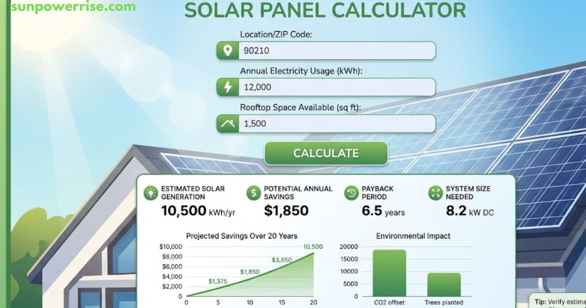 Solar panel calculator estimating system size, annual savings, energy generation, and payback period based on location, electricity usage, and roof space.