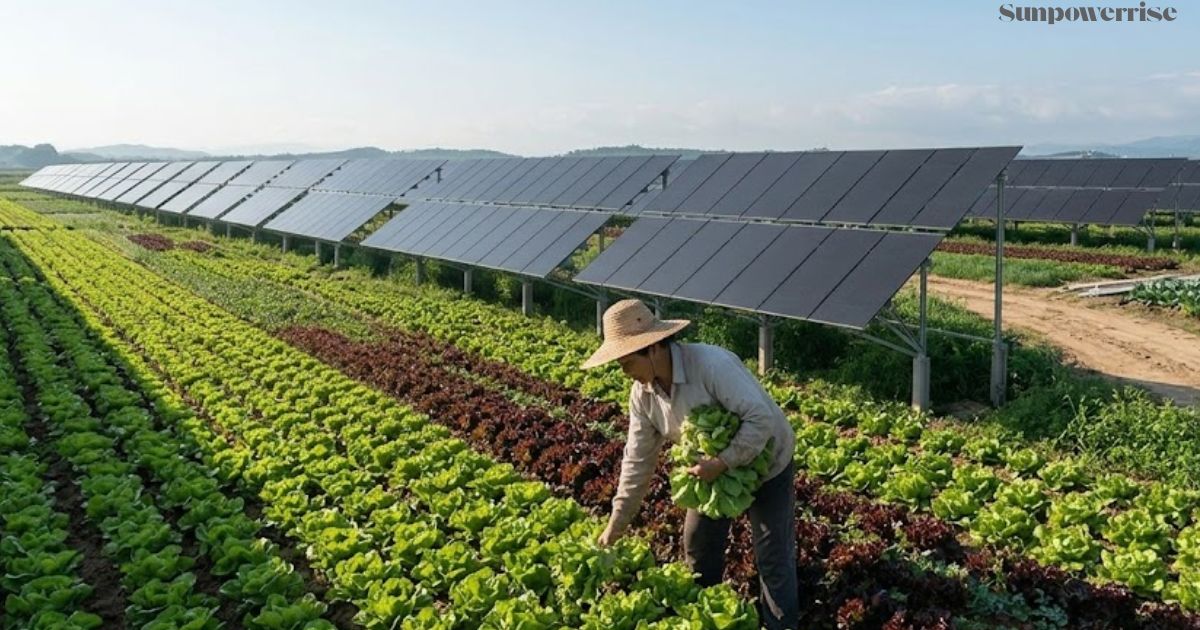 Solar panel farm integrated with vegetable farming, where crops grow beneath elevated solar panels.