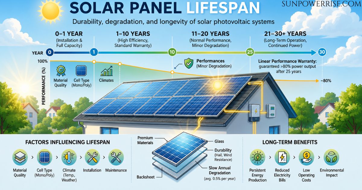 Detailed solar panel lifespan infographic covering degradation rates, warranties, and long-term benefits.
