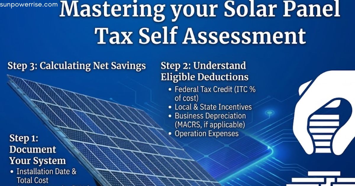 Solar panel tax self assessment guide showing steps to calculate tax savings and eligible solar deductions.