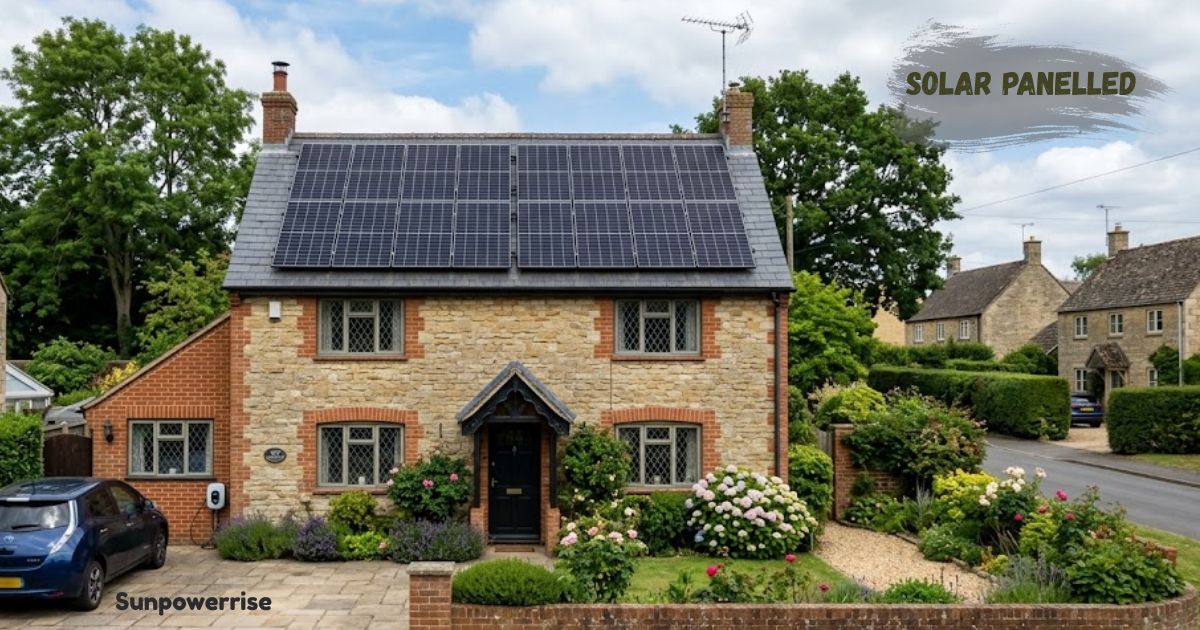 Solar panelled home under a clear blue sky