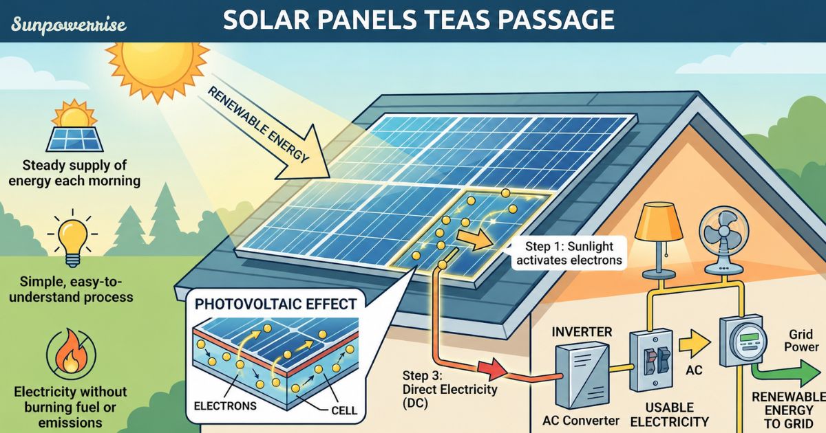 Solar panels teas passage visual explaining how solar panels produce clean electricity using sunlight, electrons, and an inverter.