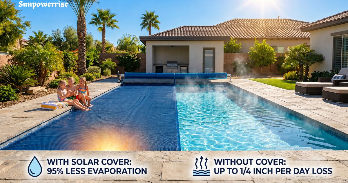 Outdoor solar pool cover designed to improve solar heating and lower pool maintenance costs.