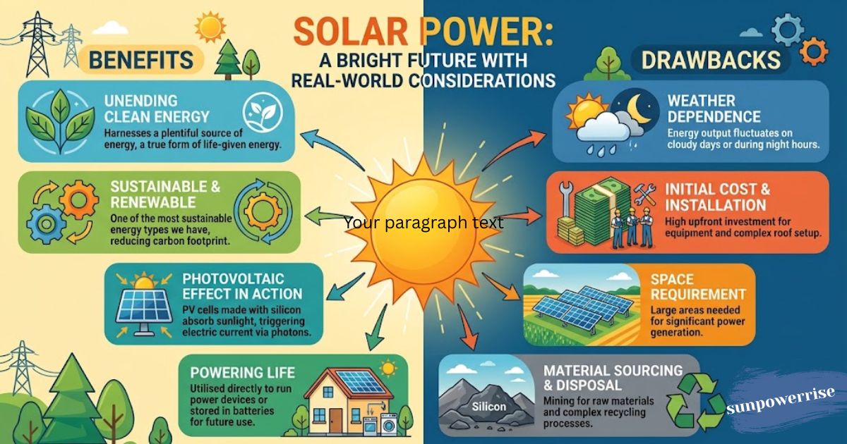 Infographic explaining solar power benefits and drawbacks, covering clean energy, renewable power, weather dependence, and space requirements.