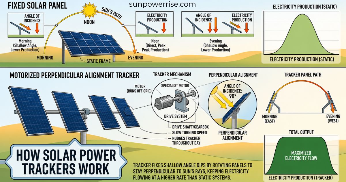 Solar power tracker following the sun to maximise solar panel energy production.
